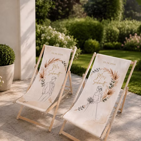 Boho Hochzeits-Liegestuhl Set Mr. und Mrs. mit Nachname und Hochzeitsdatum