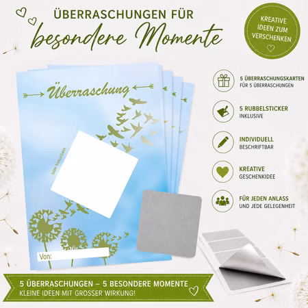 Überraschungskarten Pusteblume mit Rubbelstickern als Geschenkidee